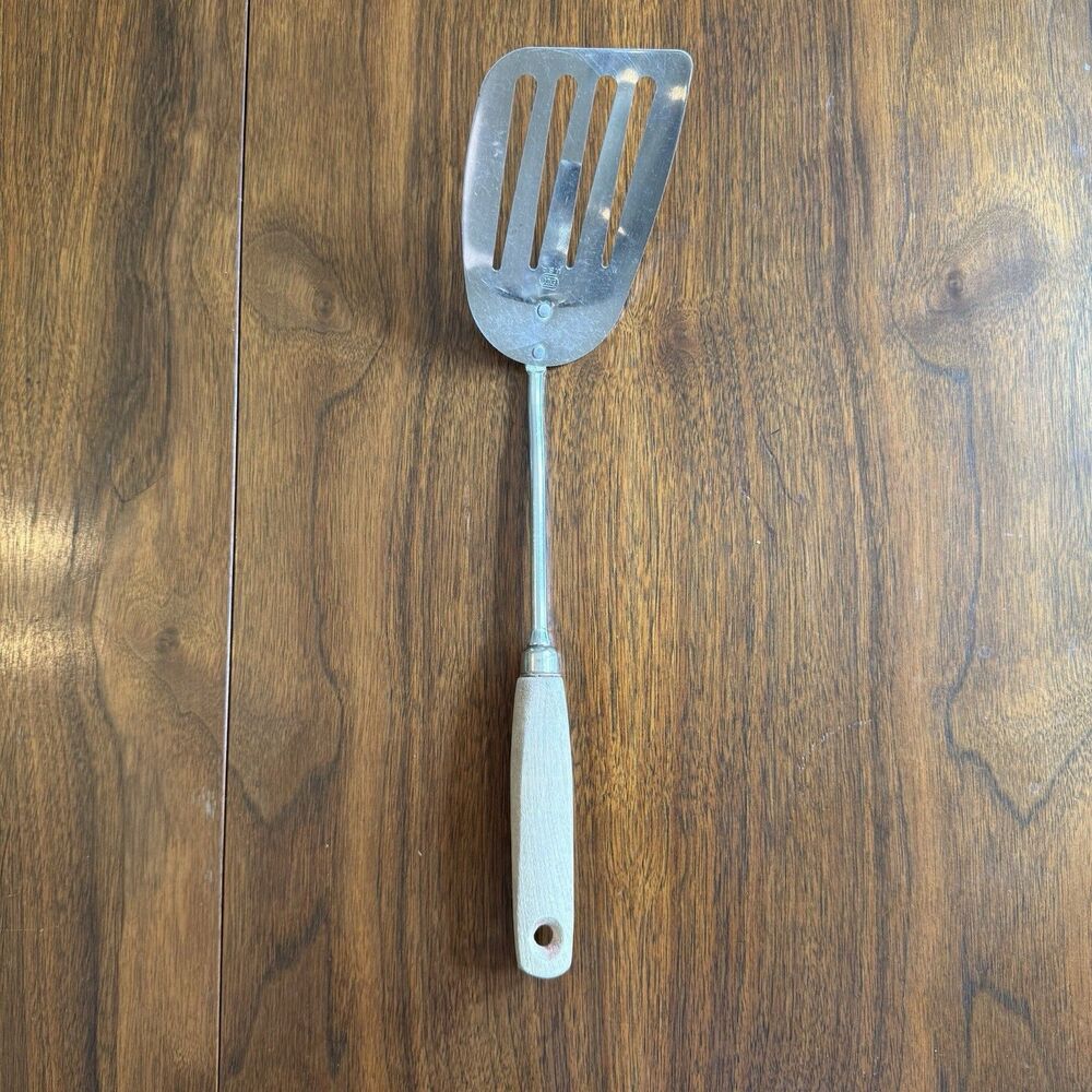 VTG RARE EKCO A&J USA CHROME PLATED SLOTTED 13-1/2" SPATULA FLIPPER WOOD HANDLE